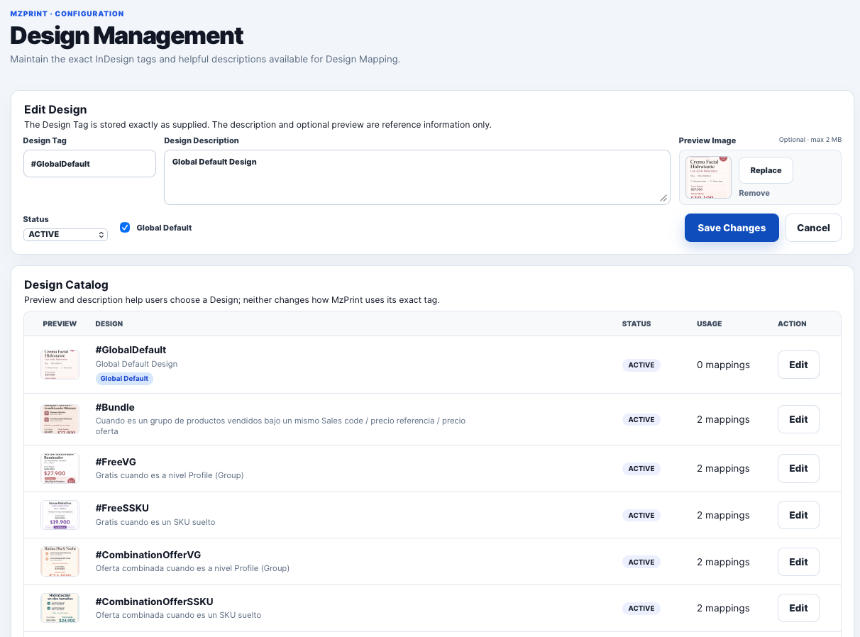 MzPrint Design Management catalog
