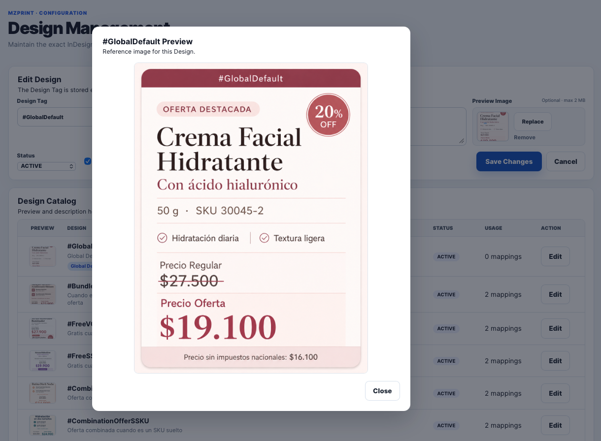 MzPrint design preview modal