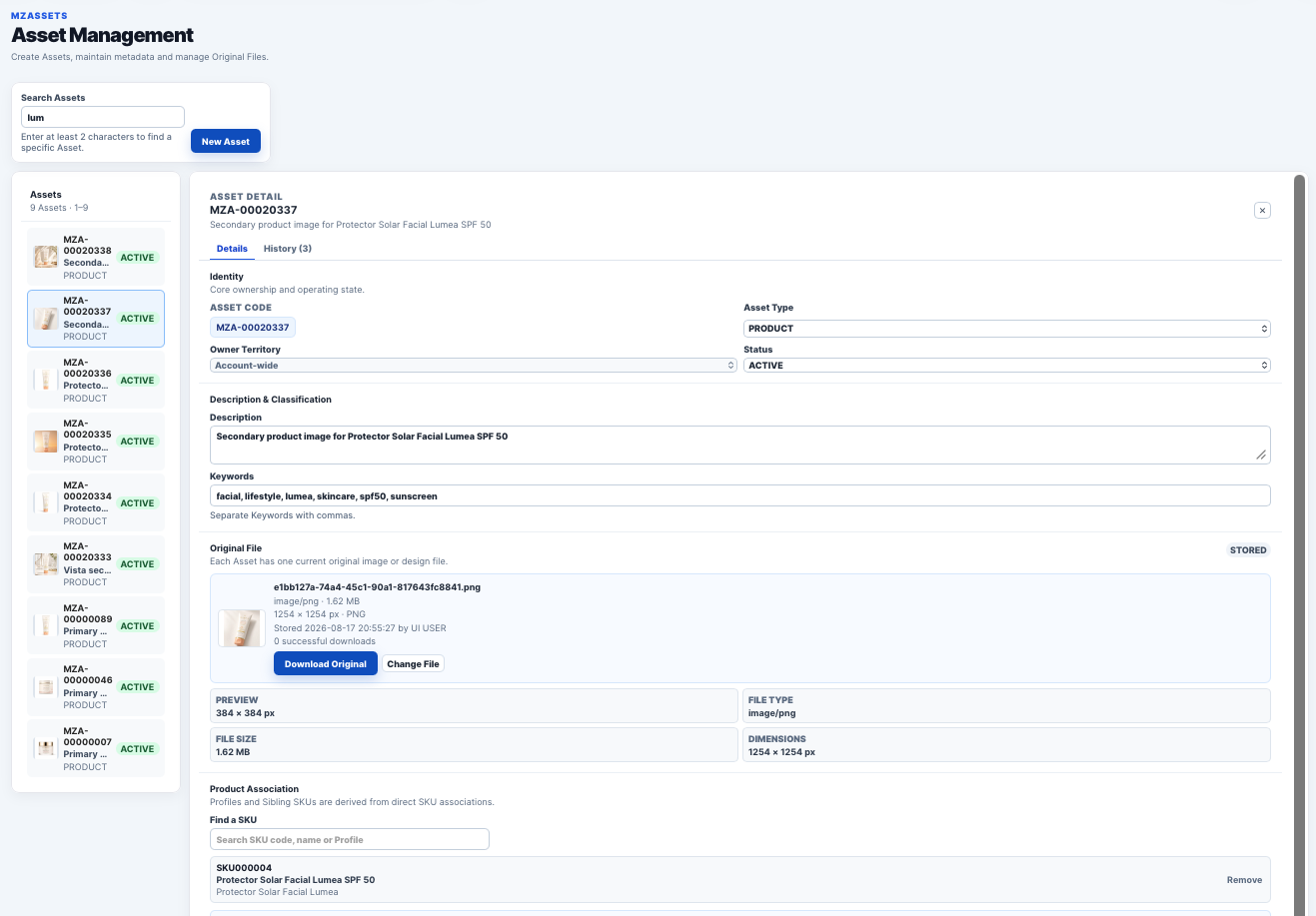 MzAssets asset detail workspace